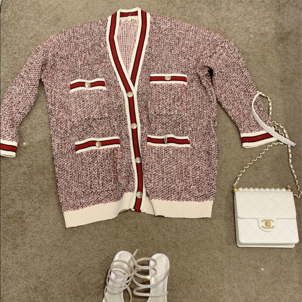 Maje Pink Tweed Cardigan with Red and Cream Trim